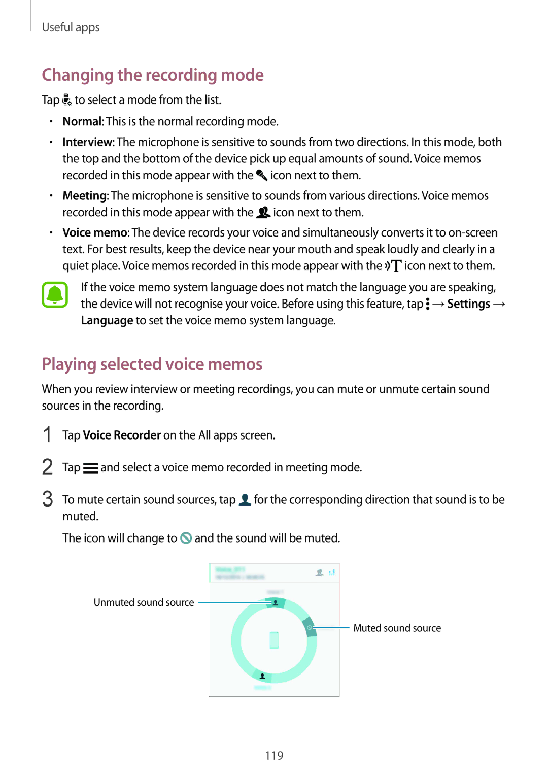 Samsung SM-N910CZDESER, SM-N910CZIEEGY, SM-N910CZDEXXV manual Changing the recording mode, Playing selected voice memos 