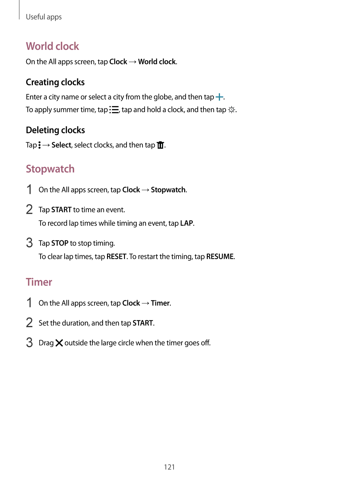 Samsung SM-N910CZDEXXV, SM-N910CZIEEGY, SM-N910CZWEXXV manual World clock, Stopwatch, Timer, Creating clocks, Deleting clocks 