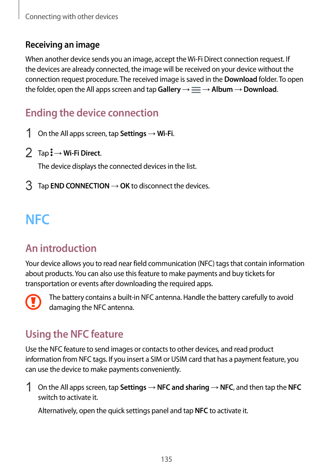 Samsung SM-N910CZWETWO Ending the device connection, Using the NFC feature, On the All apps screen, tap Settings →Wi-Fi 