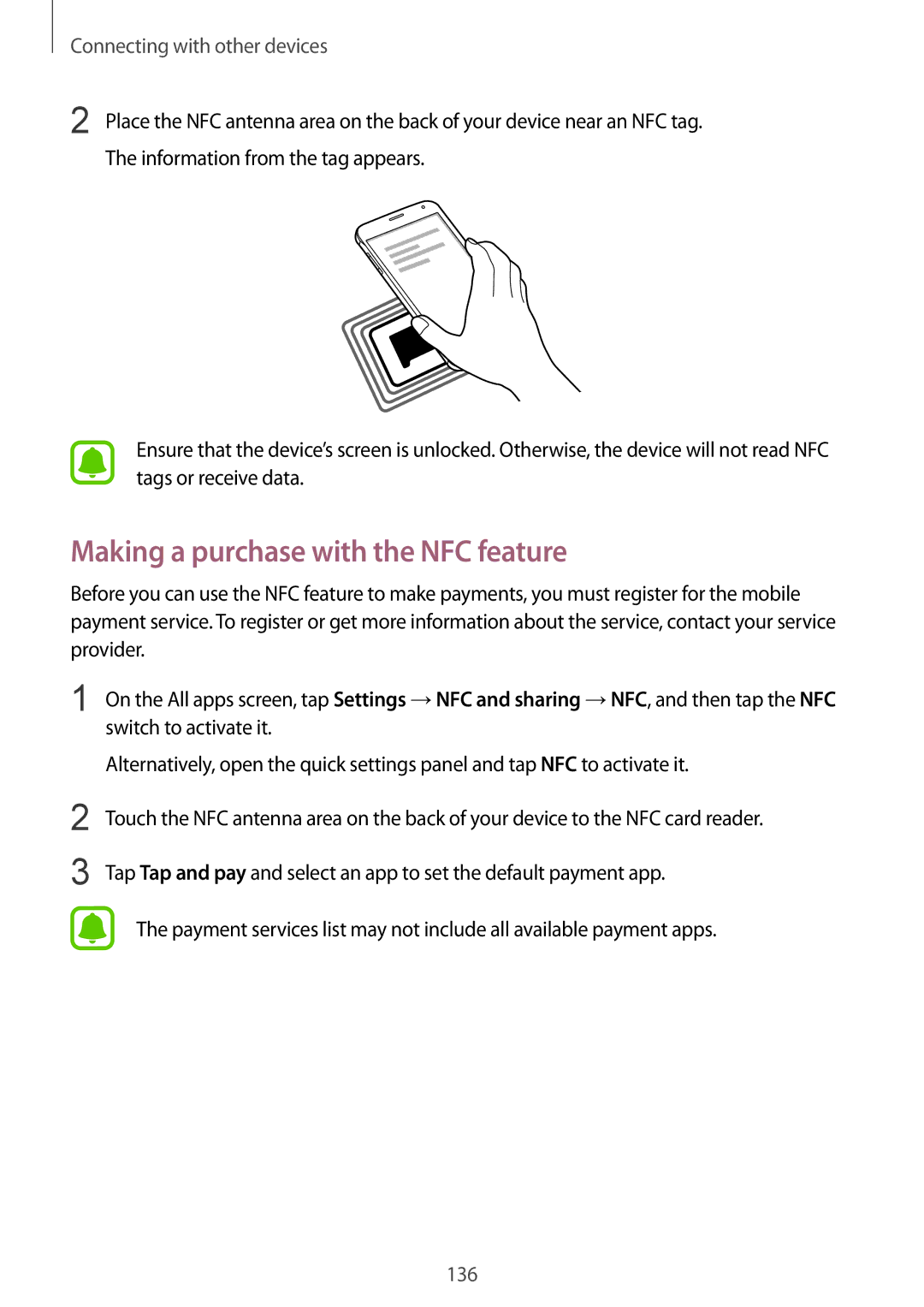 Samsung SM-N910CZWEXEO, SM-N910CZIEEGY, SM-N910CZDEXXV manual Making a purchase with the NFC feature, Switch to activate it 