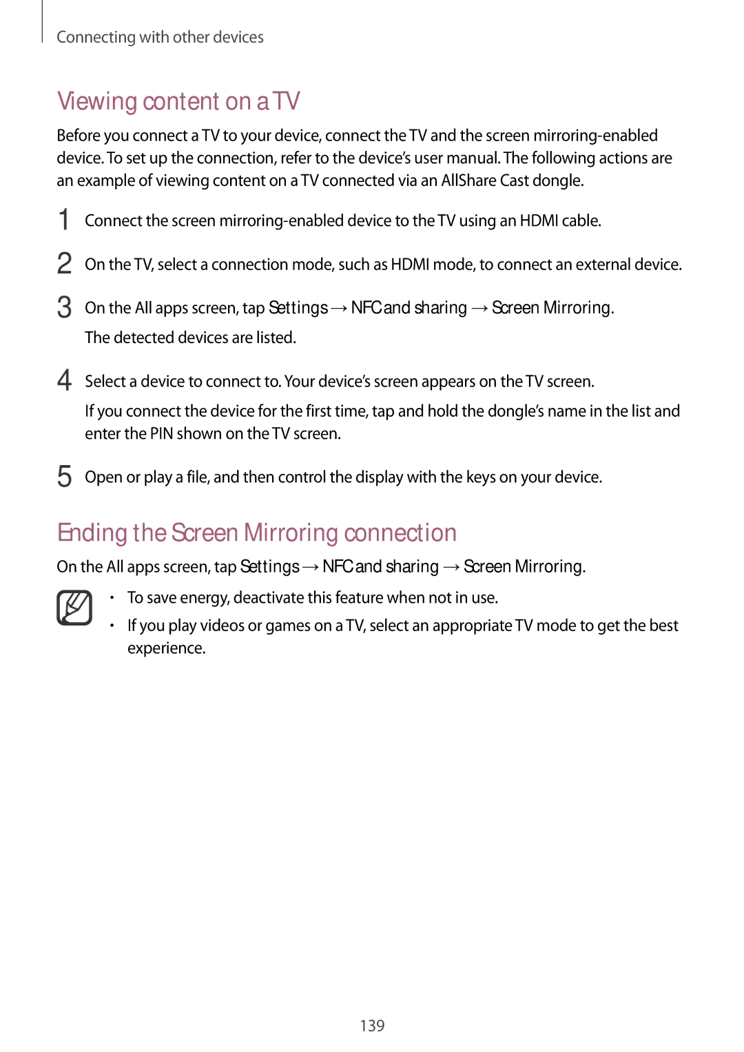 Samsung SM2N910CZDEXEH, SM-N910CZIEEGY, SM-N910CZDEXXV manual Viewing content on a TV, Ending the Screen Mirroring connection 