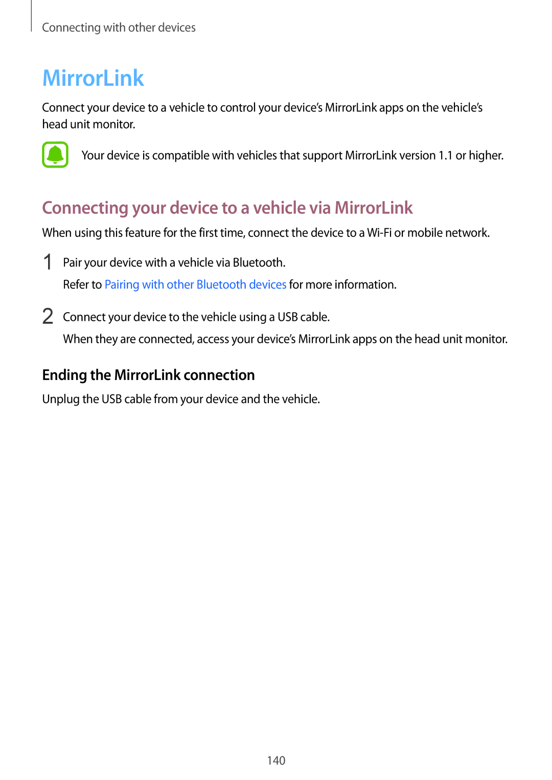 Samsung SM-N910CZWEATO manual Connecting your device to a vehicle via MirrorLink, Ending the MirrorLink connection 