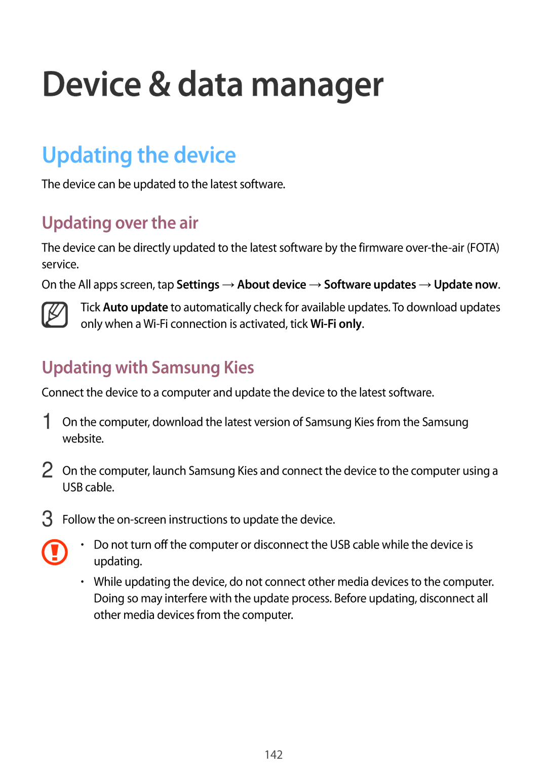 Samsung SM-N910CZDEXEO manual Device & data manager, Updating the device, Updating over the air, Updating with Samsung Kies 