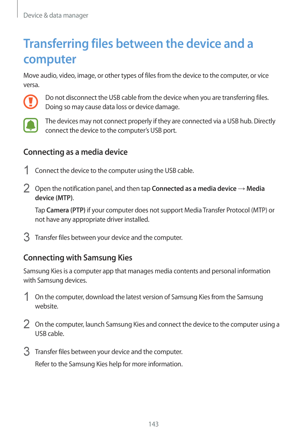 Samsung SM2N910CZWEXEH Transferring files between the device and a computer, Connecting as a media device, Device MTP 