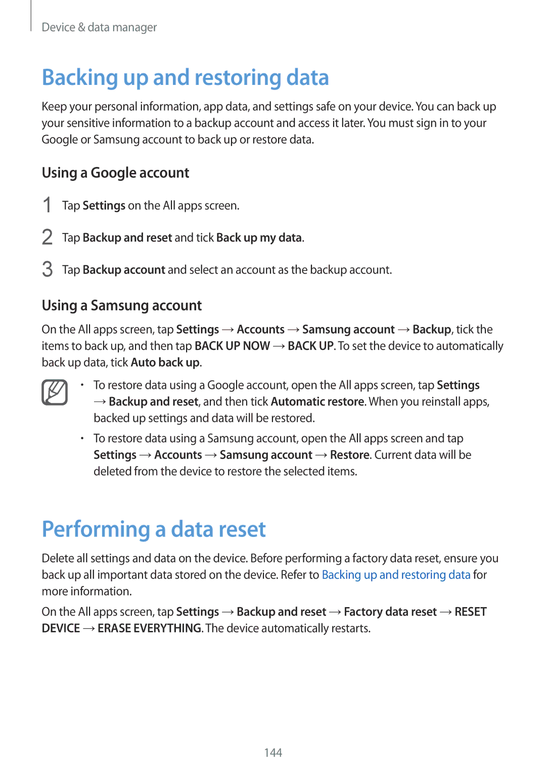 Samsung SM-N910CZWEXEH, SM-N910CZIEEGY manual Backing up and restoring data, Performing a data reset, Using a Google account 