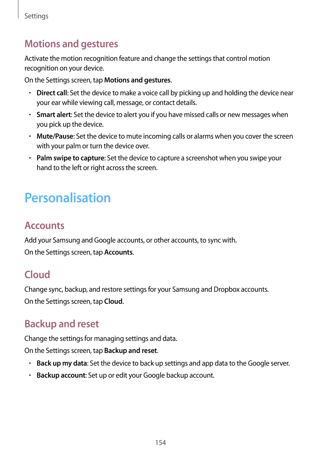 Samsung SM-N910FZKEILO, SM-N910CZIEEGY manual Personalisation, Motions and gestures, Accounts, Cloud, Backup and reset 