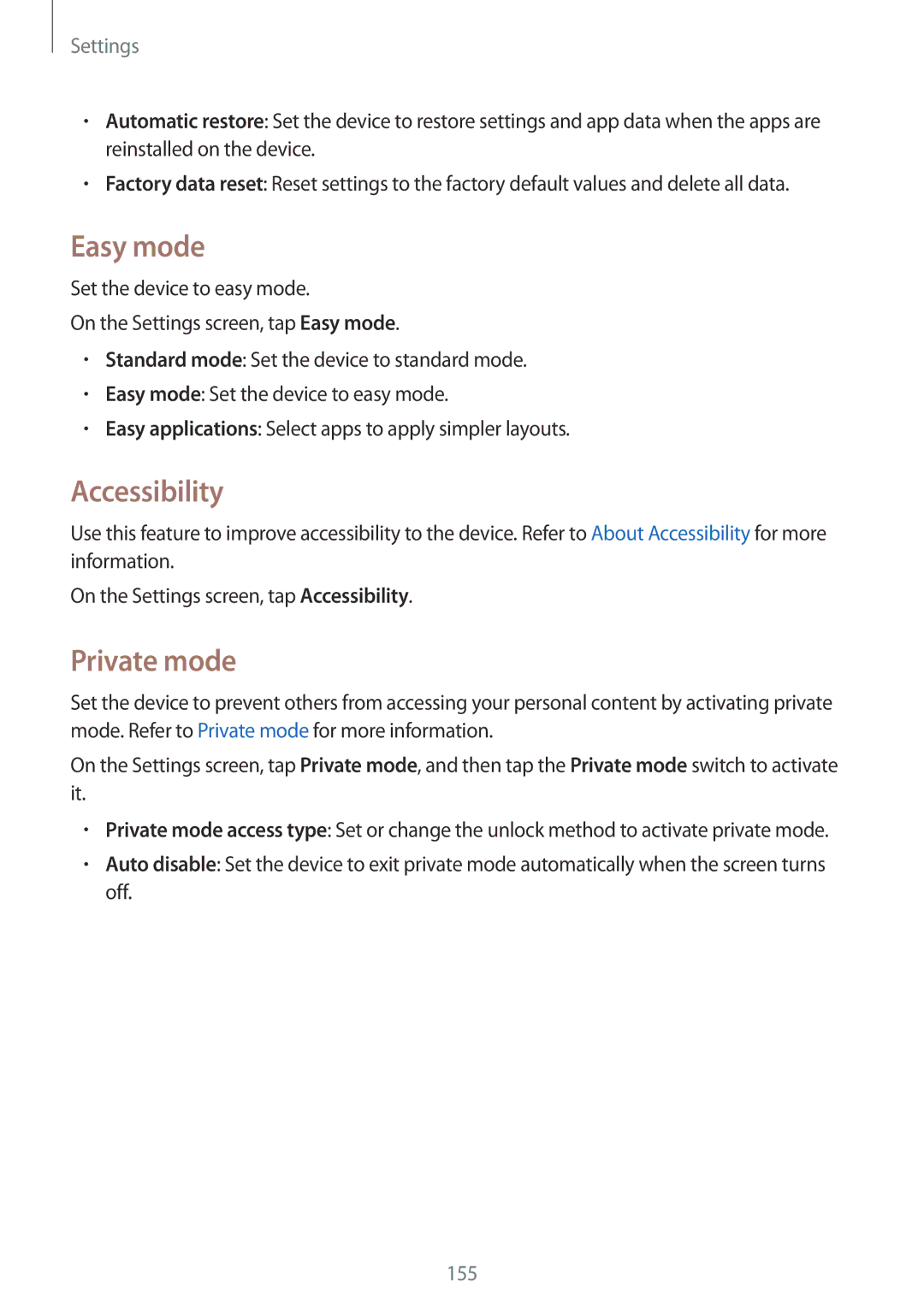 Samsung SM-N910CZKEILO, SM-N910CZIEEGY, SM-N910CZDEXXV, SM-N910CZWEXXV, SM-N910CZKEXXV Easy mode, Accessibility, Private mode 