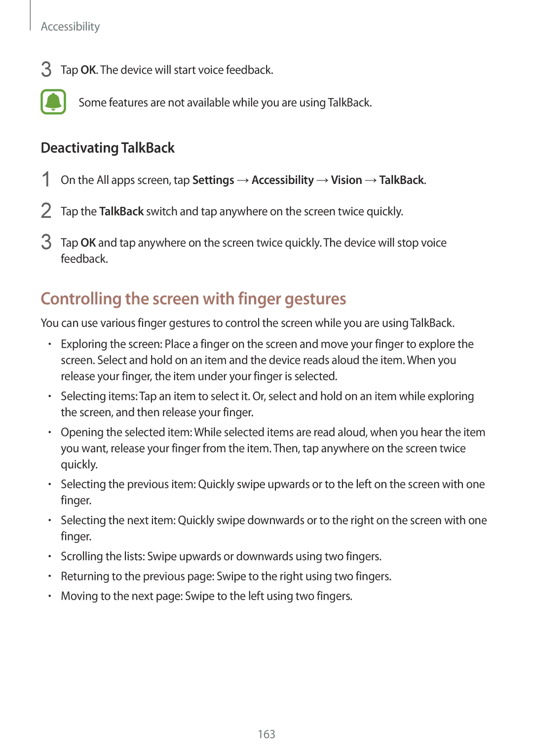 Samsung SM-N910CZKEXXV, SM-N910CZIEEGY, SM-N910CZDEXXV Controlling the screen with finger gestures, Deactivating TalkBack 