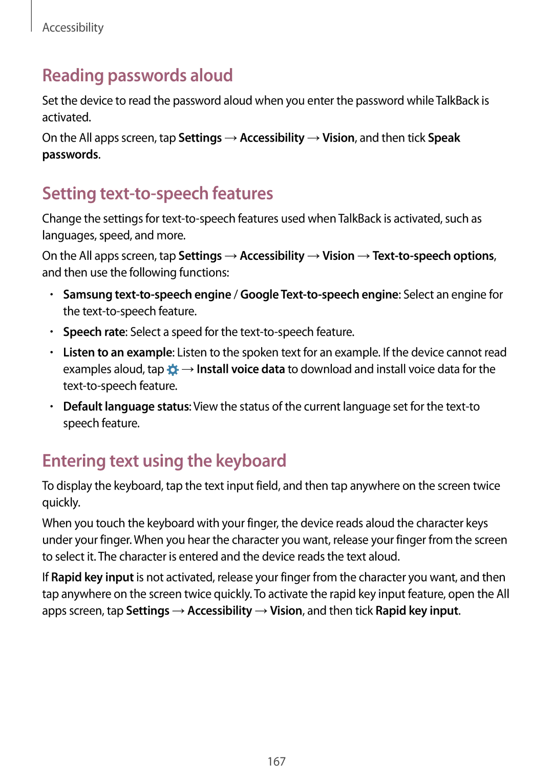 Samsung SM-N910CZWEMSR manual Reading passwords aloud, Setting text-to-speech features, Entering text using the keyboard 