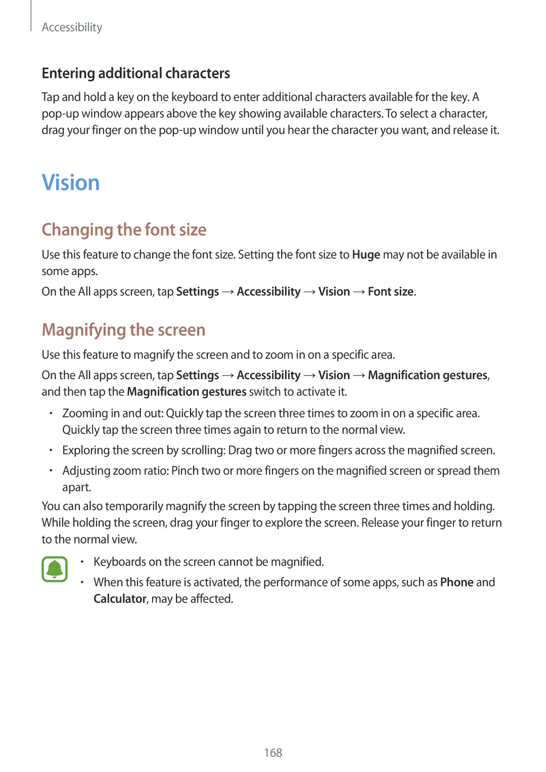 Samsung SM-N910CZWESEE manual Vision, Changing the font size, Magnifying the screen, Entering additional characters 