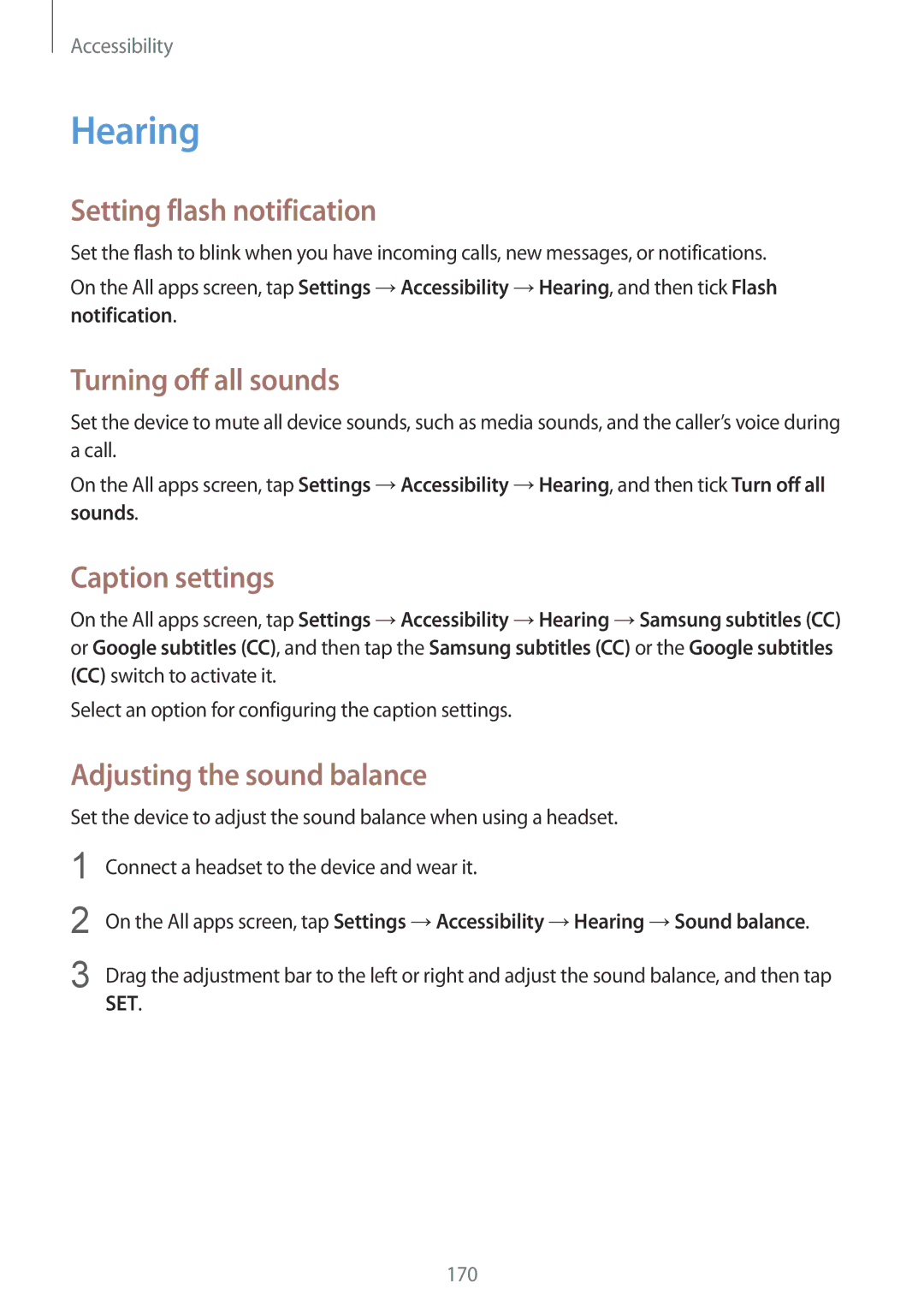 Samsung SM-N910CZKESEE, SM-N910CZIEEGY manual Hearing, Setting flash notification, Turning off all sounds, Caption settings 