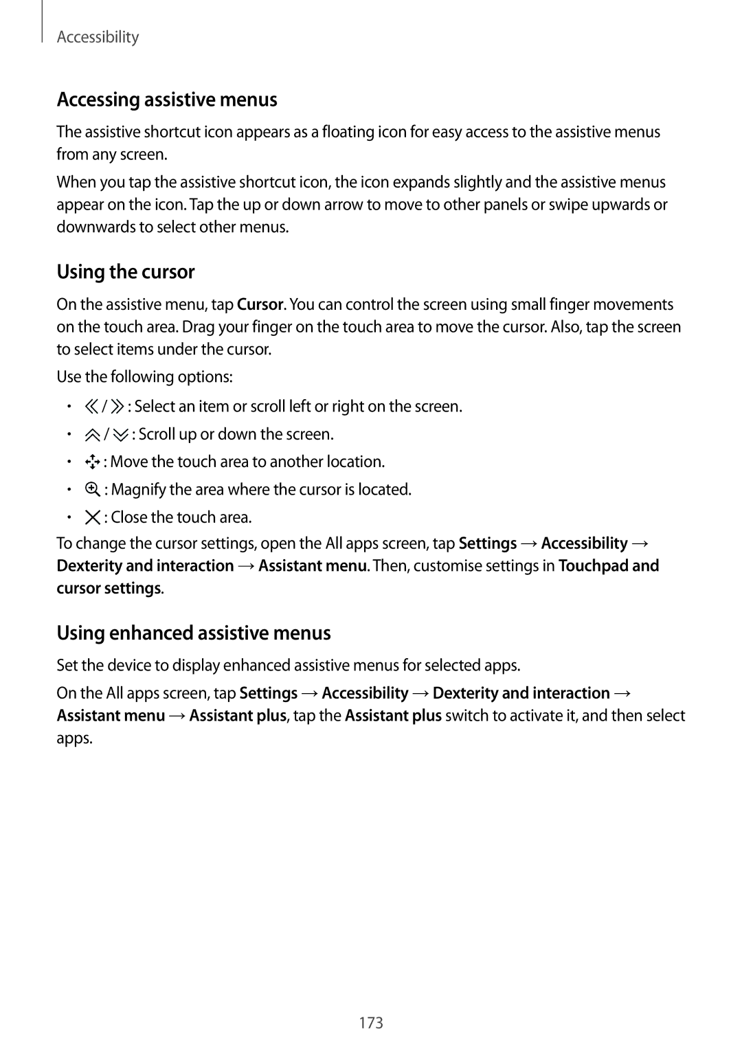 Samsung SM-N910CZKETWO, SM-N910CZIEEGY manual Accessing assistive menus, Using the cursor, Using enhanced assistive menus 