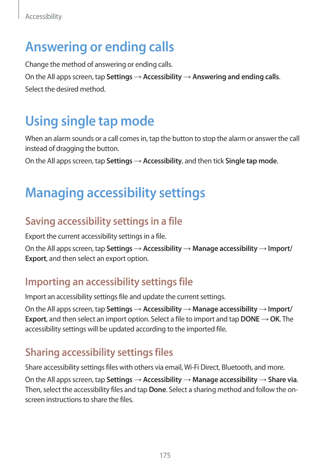 Samsung SM-N910CZWETWO, SM-N910CZIEEGY Answering or ending calls, Using single tap mode, Managing accessibility settings 