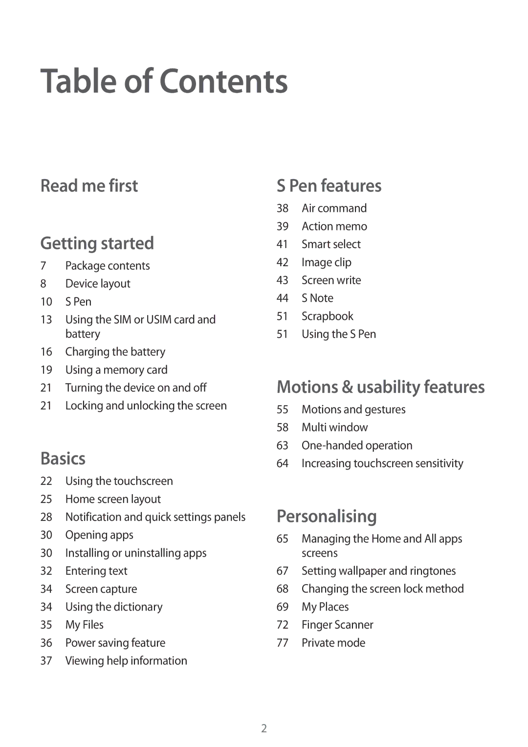 Samsung SM-N910CZWEXXV, SM-N910CZIEEGY, SM-N910CZDEXXV, SM-N910CZKEXXV, SM-N910CZIEXXV, SM-N910CZDESEE manual Table of Contents 