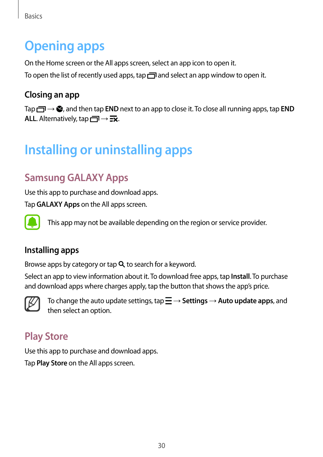 Samsung SM-N910CZWESEB, SM-N910CZIEEGY manual Opening apps, Installing or uninstalling apps, Samsung Galaxy Apps, Play Store 