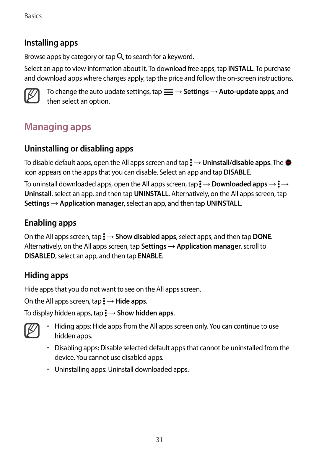 Samsung SM-N910CZIEILO, SM-N910CZIEEGY manual Managing apps, Uninstalling or disabling apps, Enabling apps, Hiding apps 