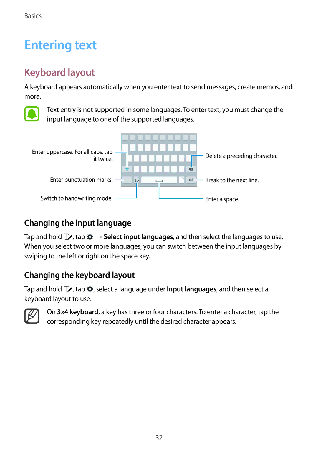 Samsung SM-N910CZWEILO manual Entering text, Keyboard layout, Changing the input language, Changing the keyboard layout 