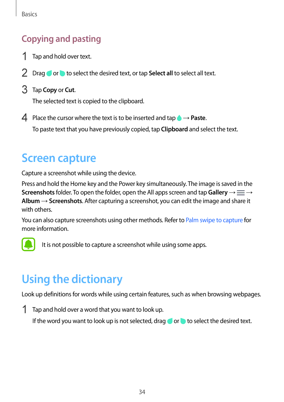 Samsung SM-N910FZKEILO, SM-N910CZIEEGY, SM-N910CZDEXXV manual Screen capture, Using the dictionary, Copying and pasting 