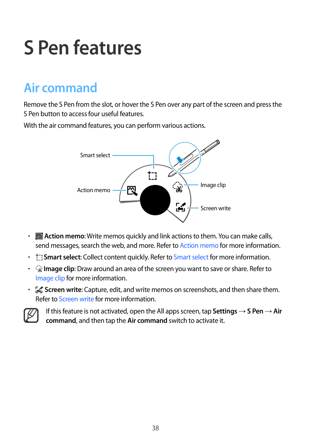 Samsung SM-N910CZIESER, SM-N910CZIEEGY, SM-N910CZDEXXV, SM-N910CZWEXXV, SM-N910CZKEXXV manual Pen features, Air command 