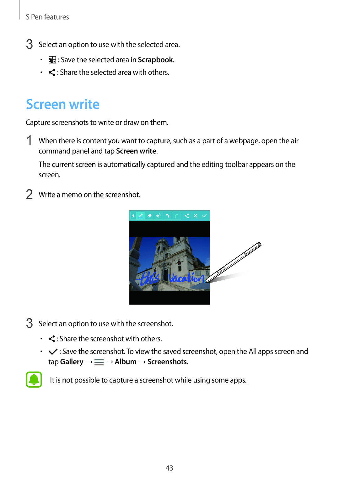 Samsung SM-N910CZKEXXV manual Capture screenshots to write or draw on them, Command panel and tap Screen write 