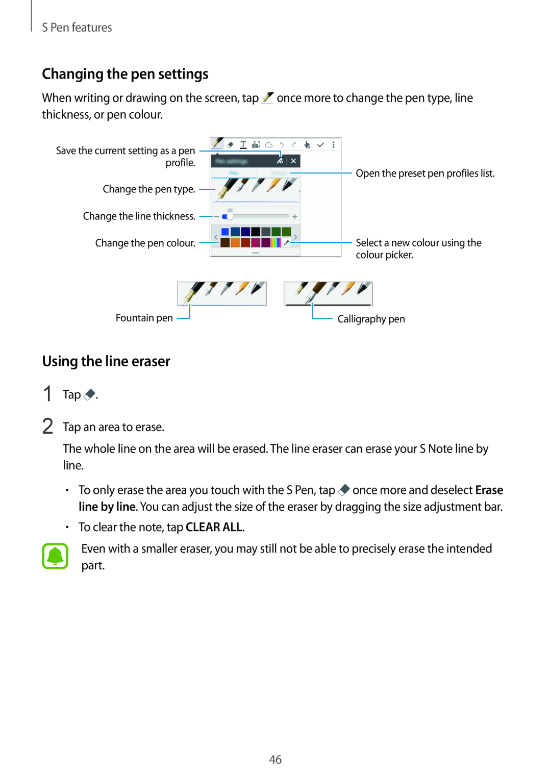 Samsung SM-N910CZKETEB, SM-N910CZIEEGY manual Changing the pen settings, Using the line eraser, Thickness, or pen colour 