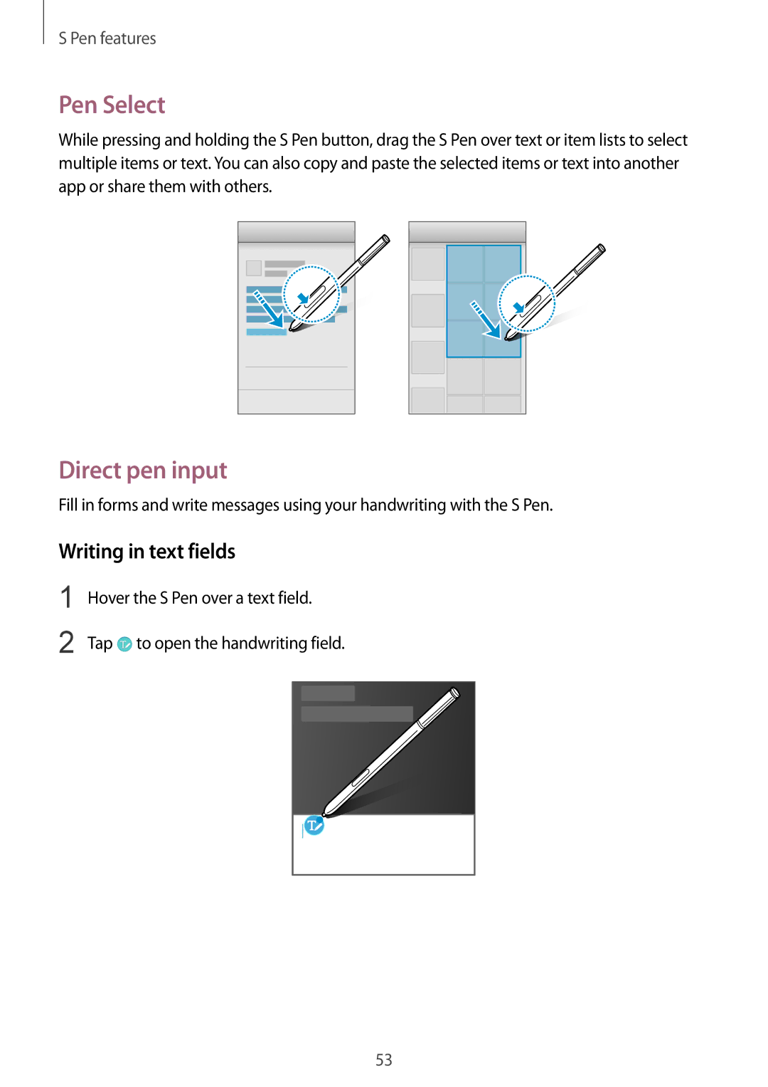 Samsung SM-N910CZKETWO, SM-N910CZIEEGY, SM-N910CZDEXXV, SM-N910CZWEXXV Pen Select, Direct pen input, Writing in text fields 