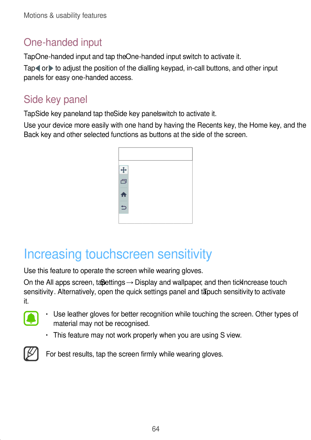 Samsung SM-N910CZWEXEH, SM-N910CZIEEGY, SM-N910CZDEXXV Increasing touchscreen sensitivity, One-handed input, Side key panel 