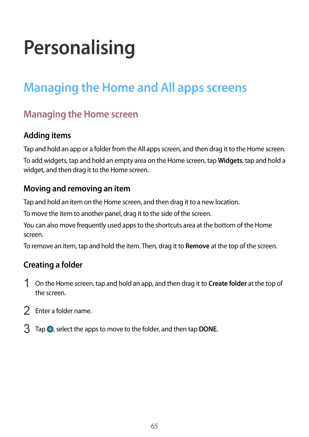 Samsung SM-N910CZWEPRT, SM-N910CZIEEGY Personalising, Managing the Home and All apps screens, Managing the Home screen 