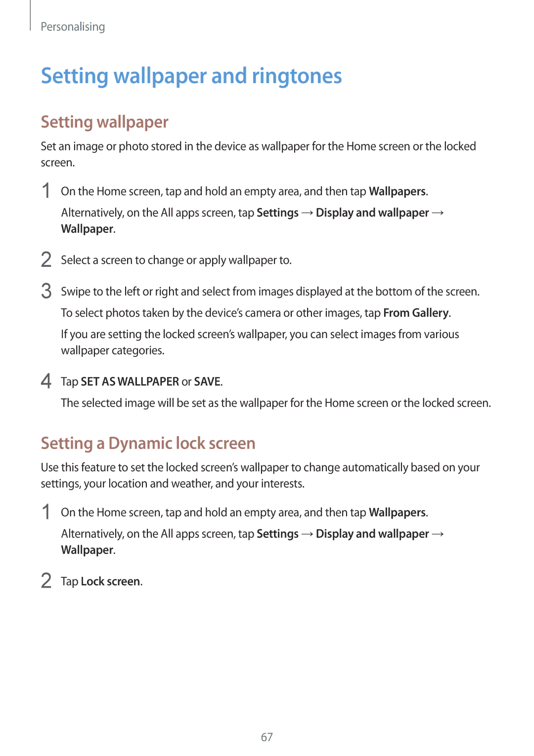 Samsung SM-N910CZDEXEH manual Setting wallpaper and ringtones, Setting a Dynamic lock screen, Tap SET AS Wallpaper or Save 