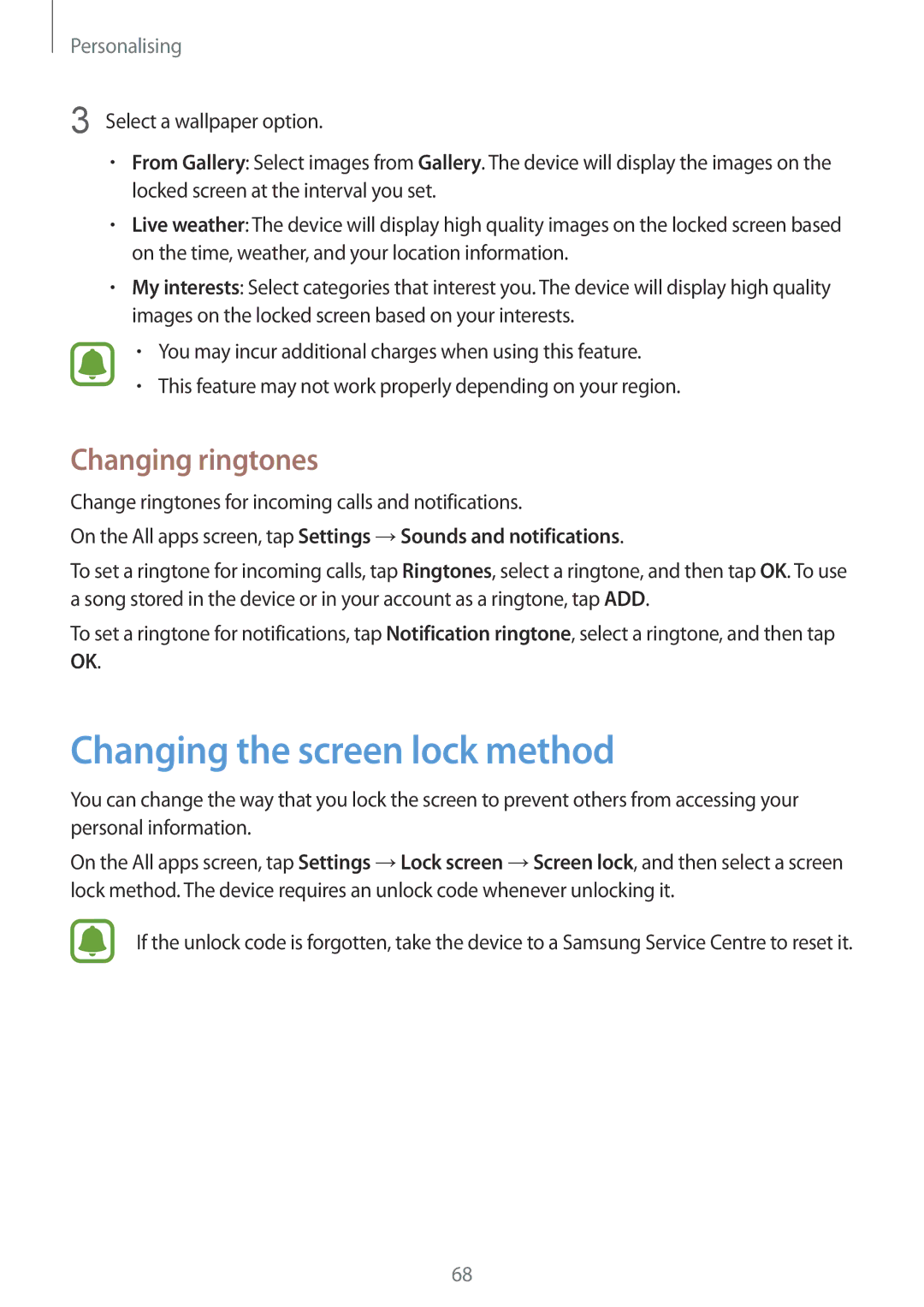 Samsung SM-N910CZKESEB, SM-N910CZIEEGY, SM-N910CZDEXXV, SM-N910CZWEXXV Changing the screen lock method, Changing ringtones 