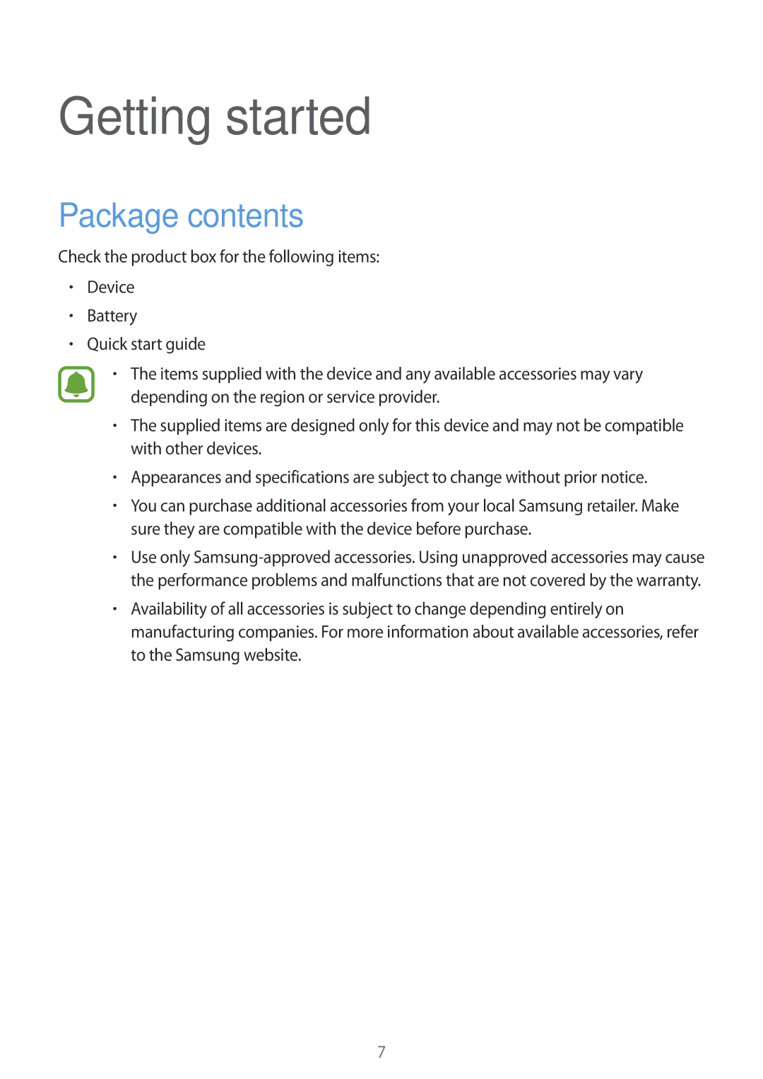 Samsung SM-N910CZWEMSR, SM-N910CZIEEGY, SM-N910CZDEXXV, SM-N910CZWEXXV, SM-N910CZKEXXV manual Getting started, Package contents 