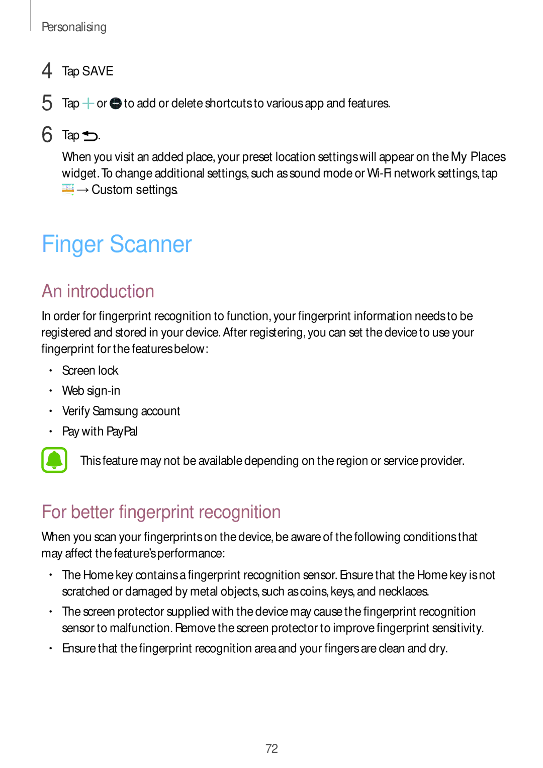 Samsung SM-N910CZWEILO, SM-N910CZIEEGY, SM-N910CZDEXXV Finger Scanner, For better fingerprint recognition, →Custom settings 