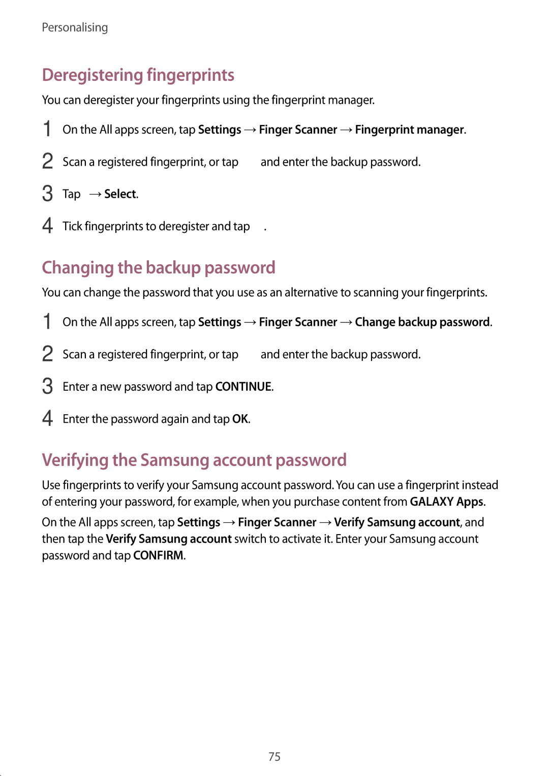 Samsung SM-N910CZKEILO Deregistering fingerprints, Changing the backup password, Verifying the Samsung account password 