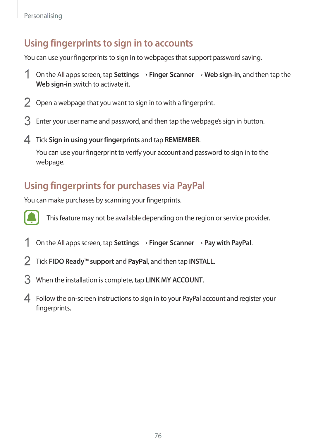 Samsung SM-N910CZKESER manual Using fingerprints to sign in to accounts, Using fingerprints for purchases via PayPal 