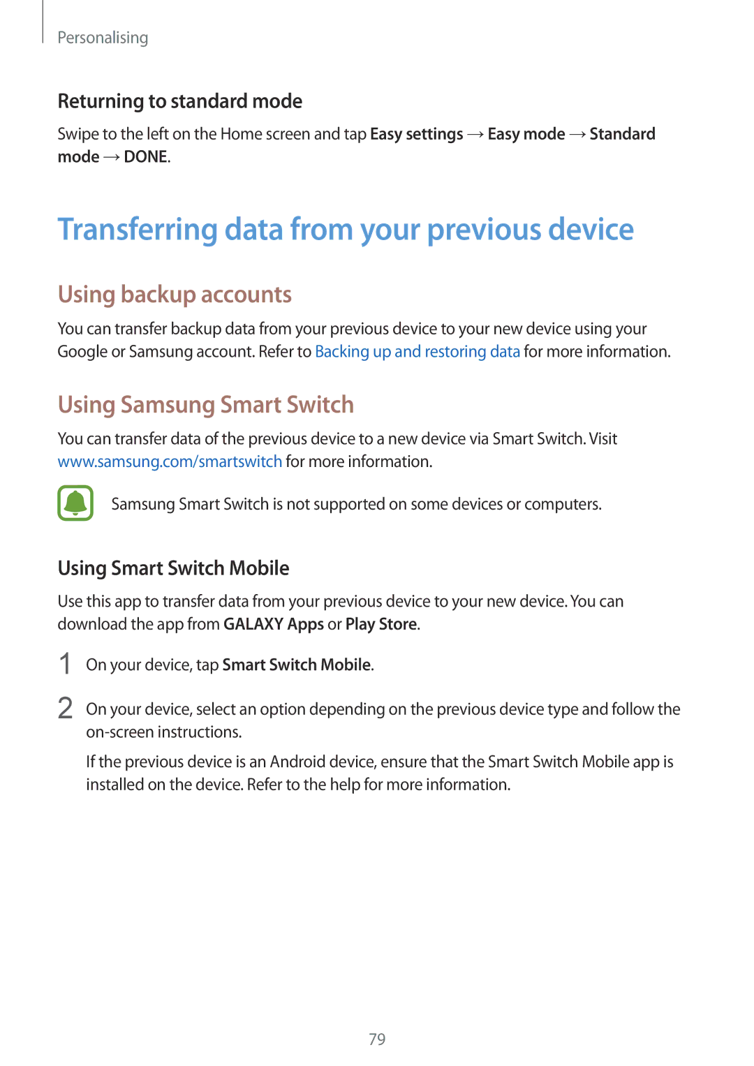 Samsung SM-N910CZDESER Transferring data from your previous device, Using backup accounts, Using Samsung Smart Switch 