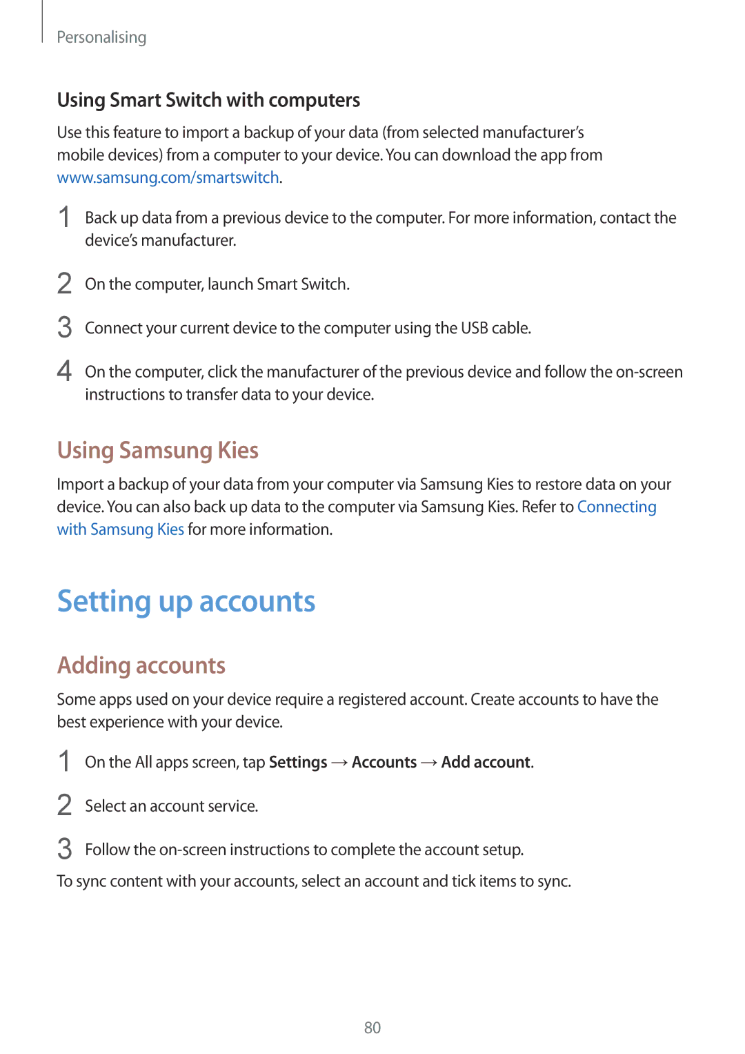 Samsung SM-N910CZIEEGY manual Setting up accounts, Using Samsung Kies, Adding accounts, Using Smart Switch with computers 