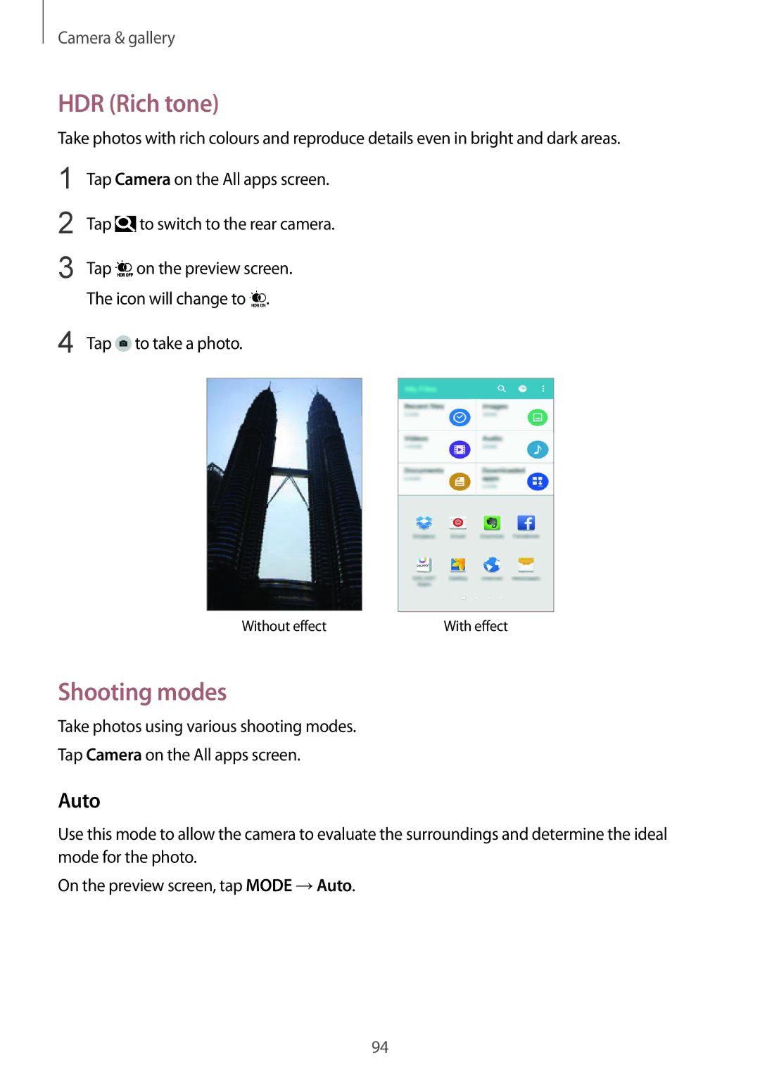Samsung SM-N910CZKEVIP, SM-N910CZIEEGY, SM-N910CZDEXXV manual HDR Rich tone, Shooting modes, Auto, Tap to take a photo 