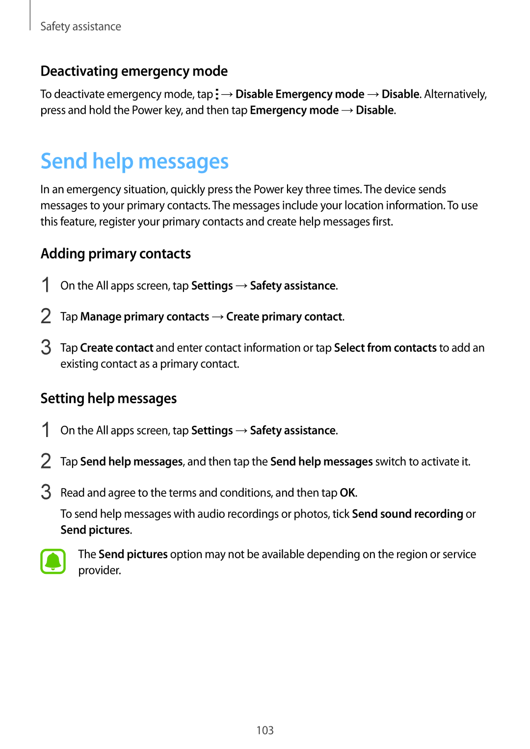 Samsung SM-N910CZIEILO Send help messages, Deactivating emergency mode, Adding primary contacts, Setting help messages 
