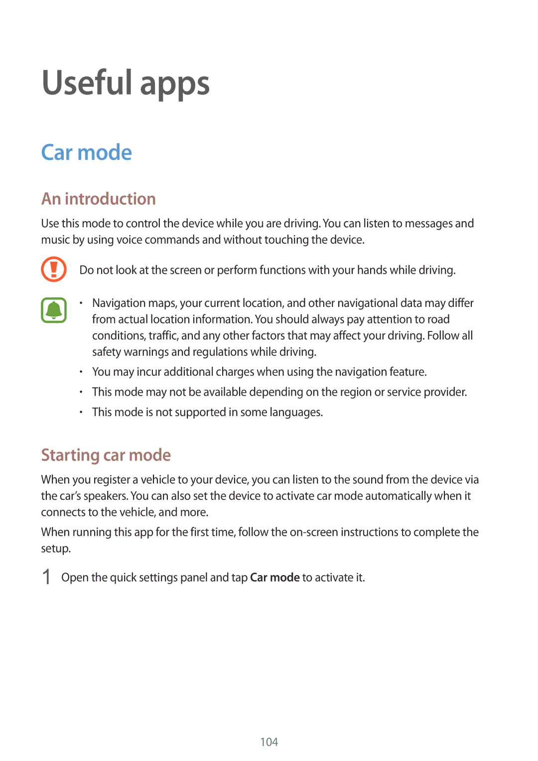 Samsung SM-N910CZWEILO, SM-N910CZIEEGY, SM-N910CZDEXXV, SM-N910CZWEXXV manual Useful apps, Car mode, Starting car mode 