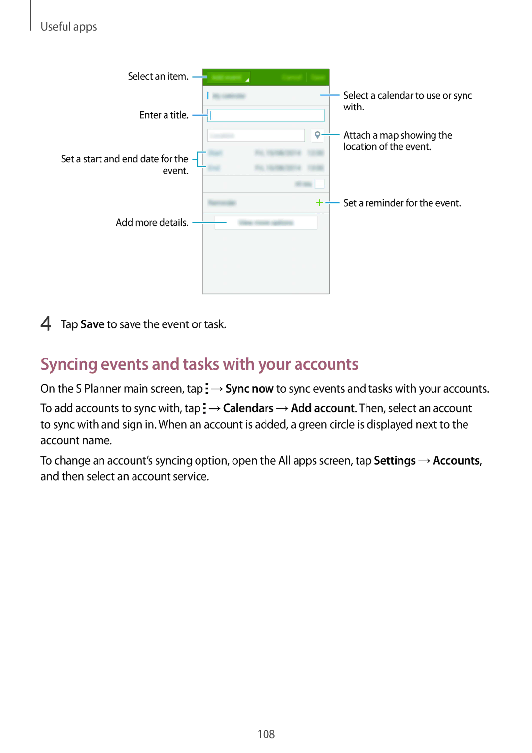 Samsung SM-N910CZIEEGY, SM-N910CZDEXXV Syncing events and tasks with your accounts, Tap Save to save the event or task 