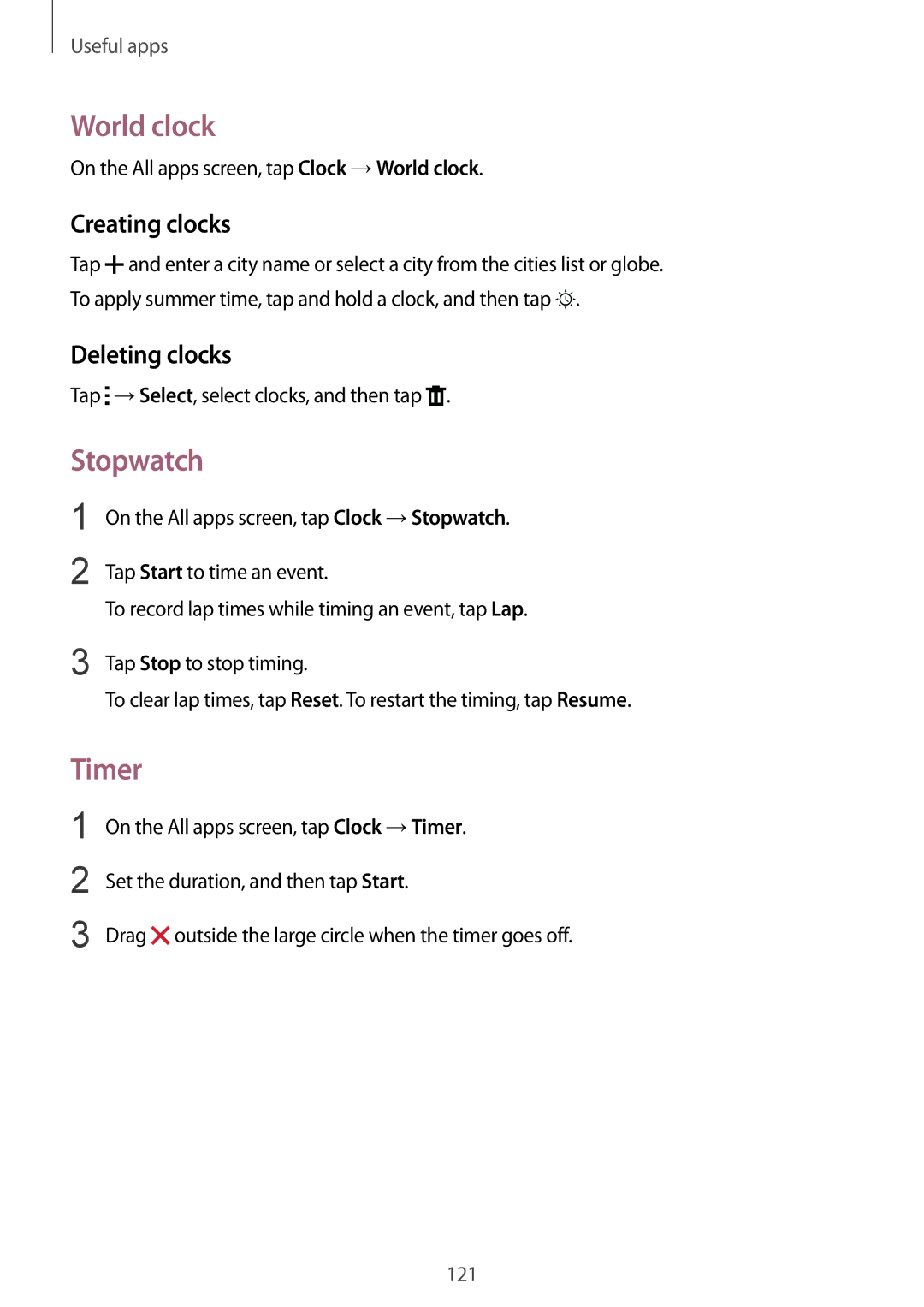 Samsung SM-N910CZDEXXV, SM-N910CZIEEGY, SM-N910CZWEXXV manual World clock, Stopwatch, Timer, Creating clocks, Deleting clocks 