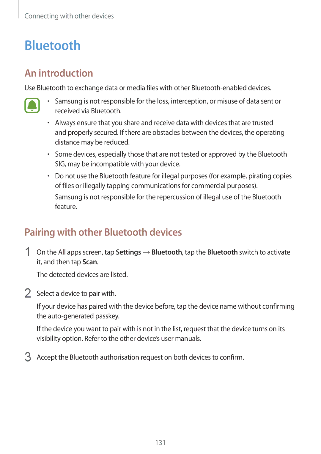 Samsung SM-N910CZKEILO, SM-N910CZIEEGY, SM-N910CZDEXXV, SM-N910CZWEXXV manual Pairing with other Bluetooth devices 