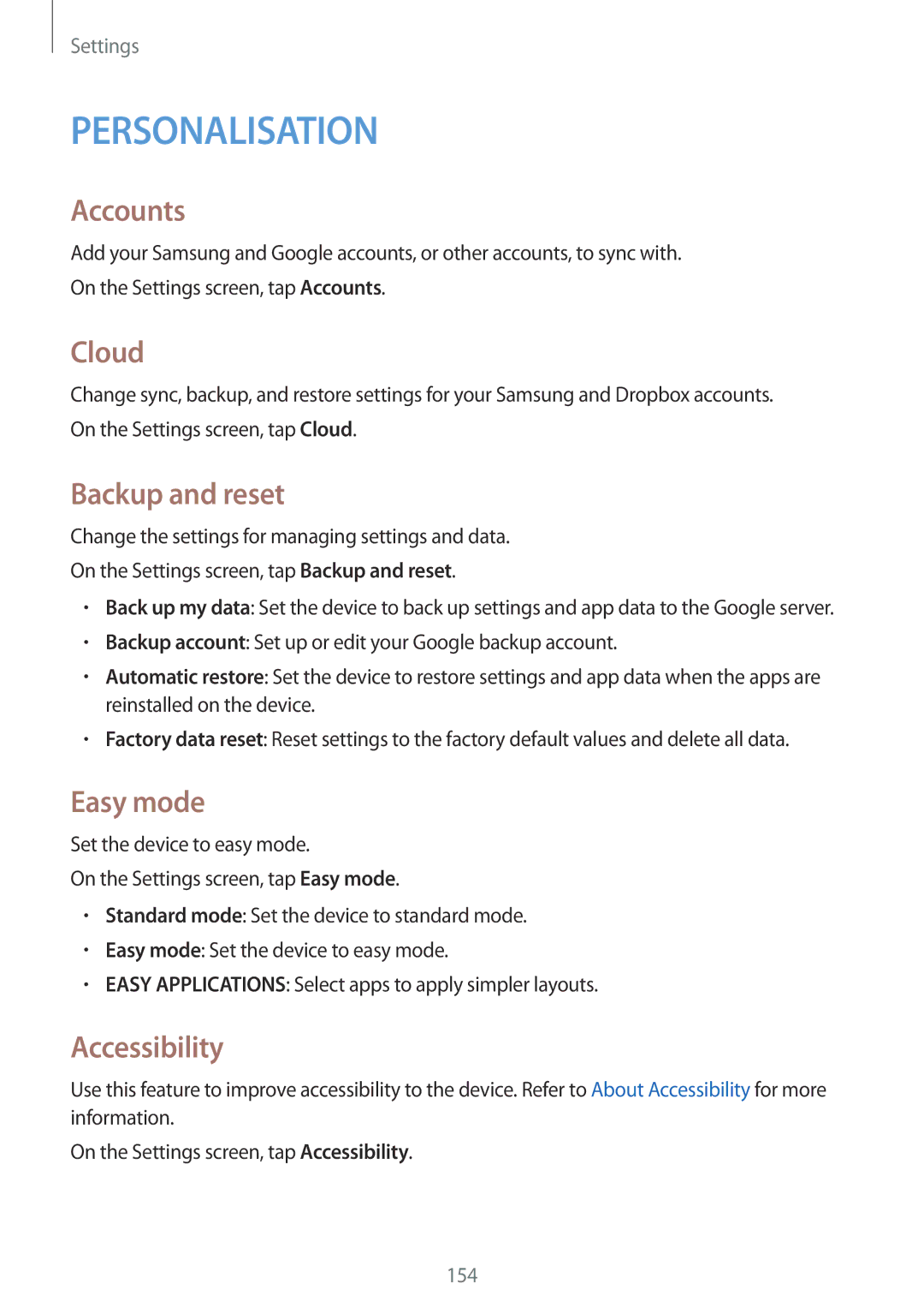 Samsung SM-N910FZKEILO, SM-N910CZIEEGY, SM-N910CZDEXXV manual Accounts, Cloud, Backup and reset, Easy mode, Accessibility 