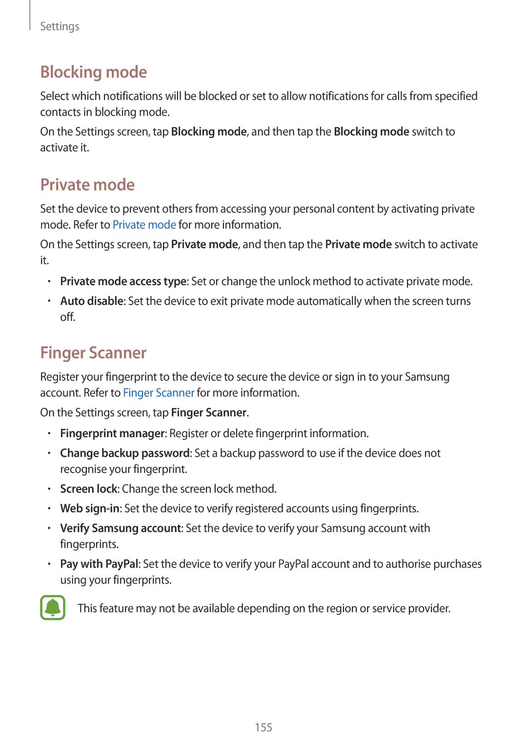 Samsung SM-N910CZKEILO, SM-N910CZIEEGY, SM-N910CZDEXXV, SM-N910CZWEXXV manual Blocking mode, Private mode, Finger Scanner 