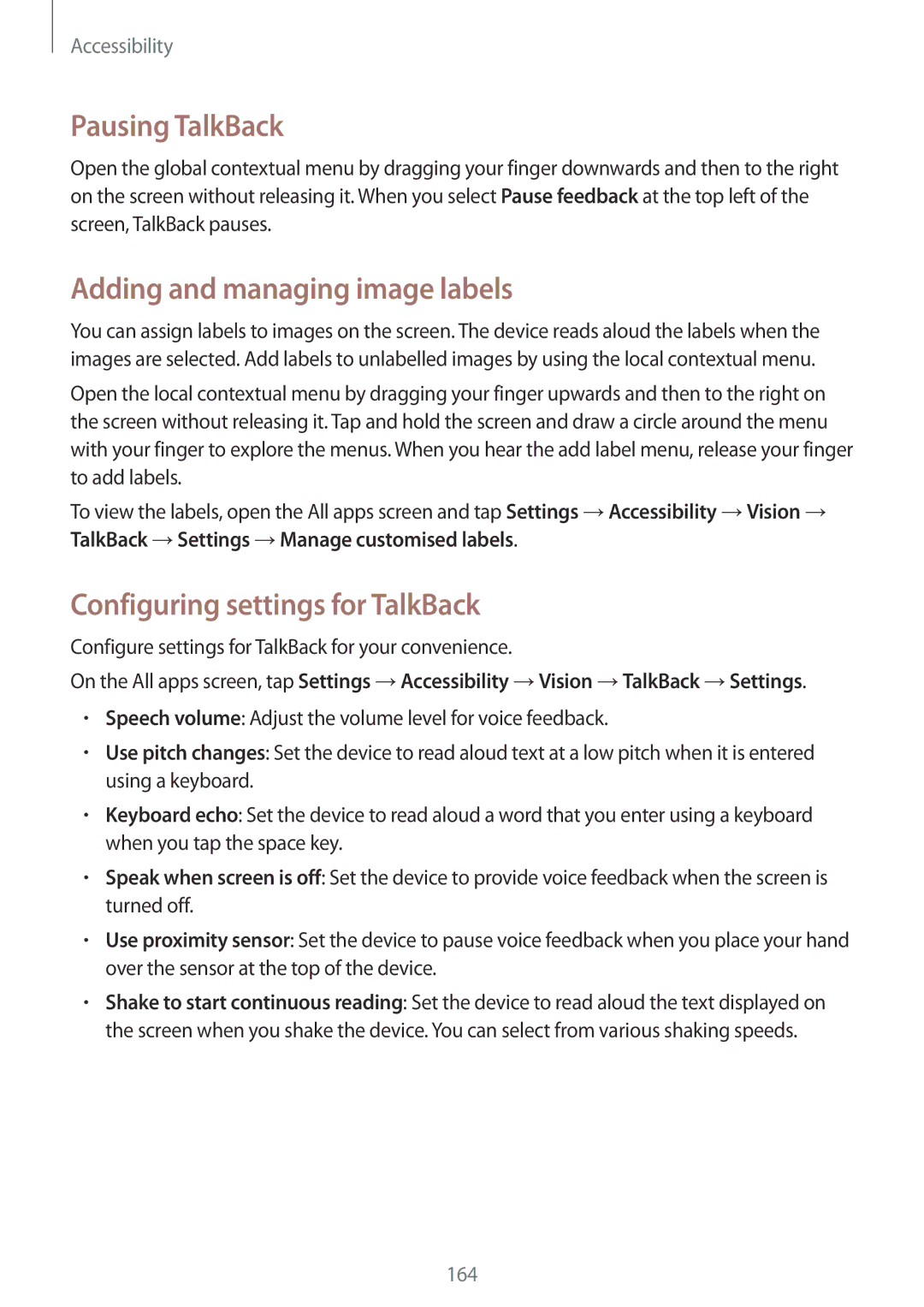 Samsung SM-N910CZWEILO manual Pausing TalkBack, Adding and managing image labels, Configuring settings for TalkBack 