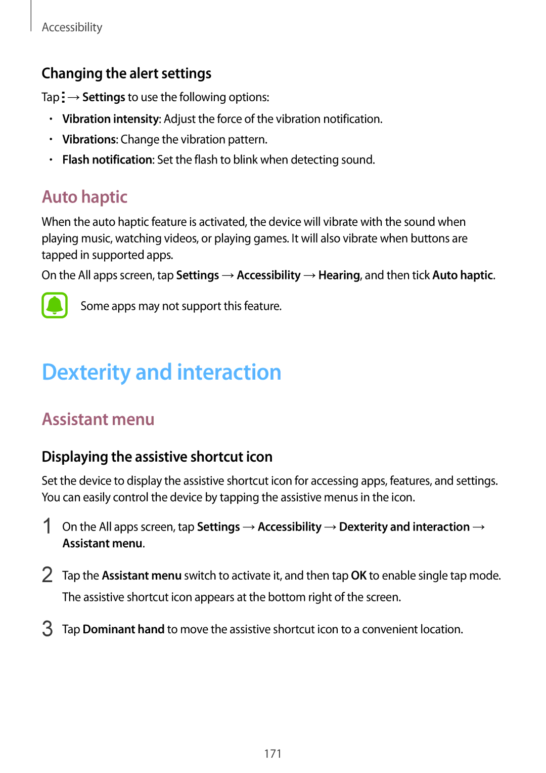 Samsung SM-N910CZKEXXV, SM-N910CZIEEGY Dexterity and interaction, Auto haptic, Assistant menu, Changing the alert settings 