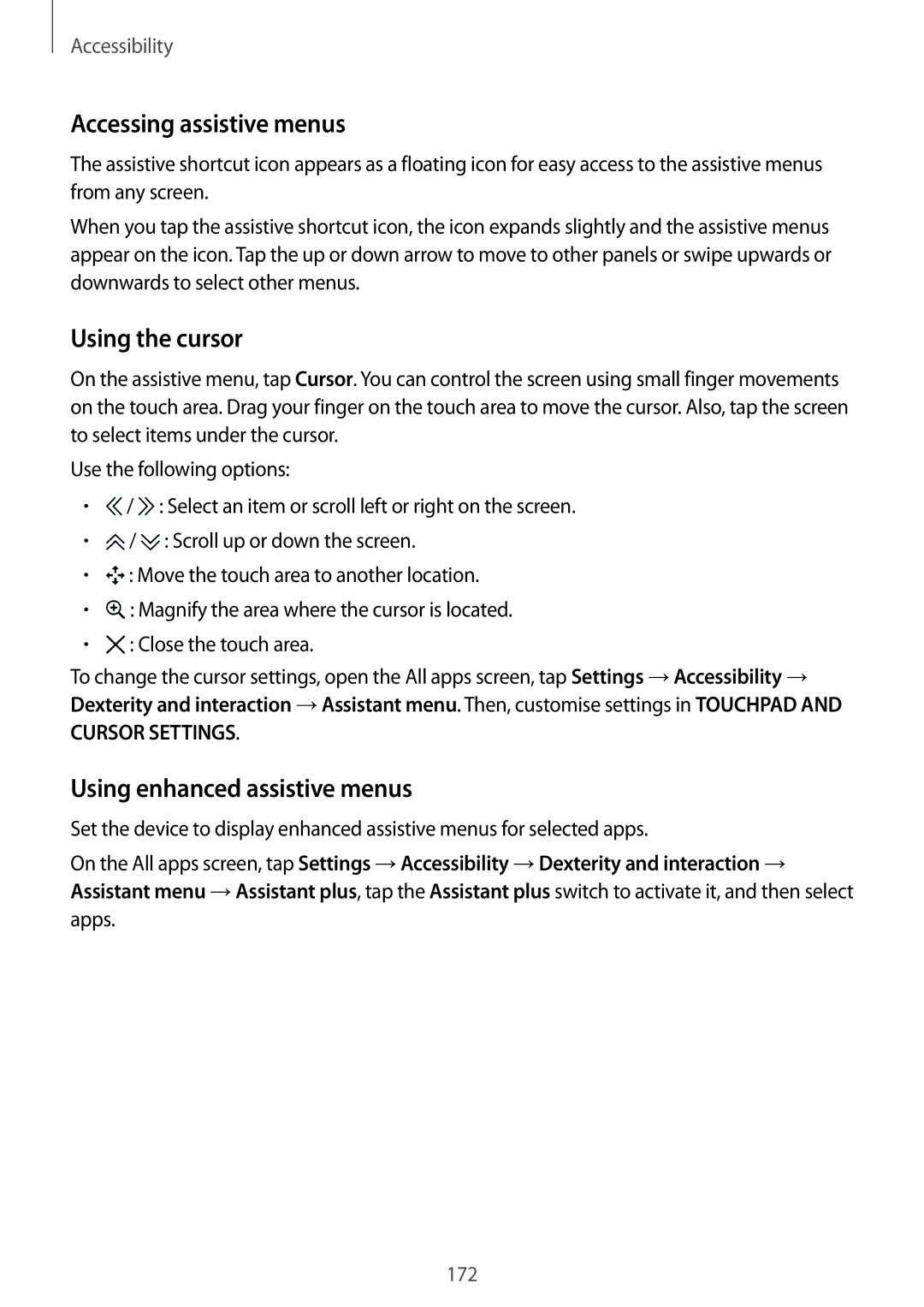 Samsung SM-N910CZIEXXV, SM-N910CZIEEGY manual Accessing assistive menus, Using the cursor, Using enhanced assistive menus 