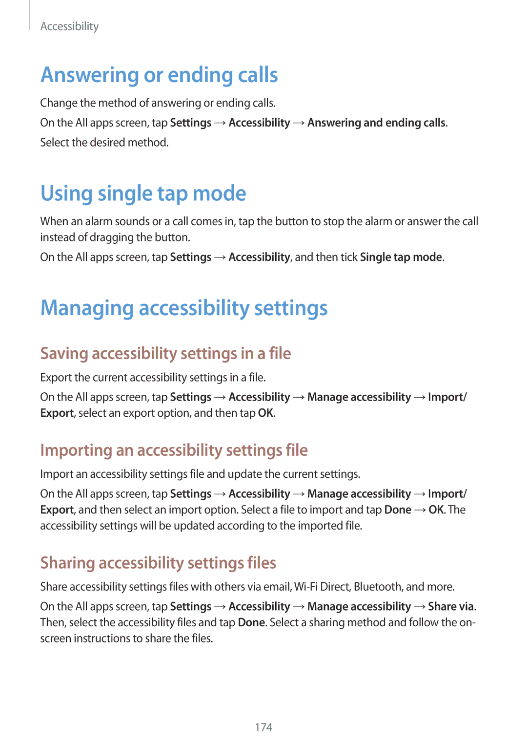 Samsung SM-N910CZKESEE, SM-N910CZIEEGY Answering or ending calls, Using single tap mode, Managing accessibility settings 