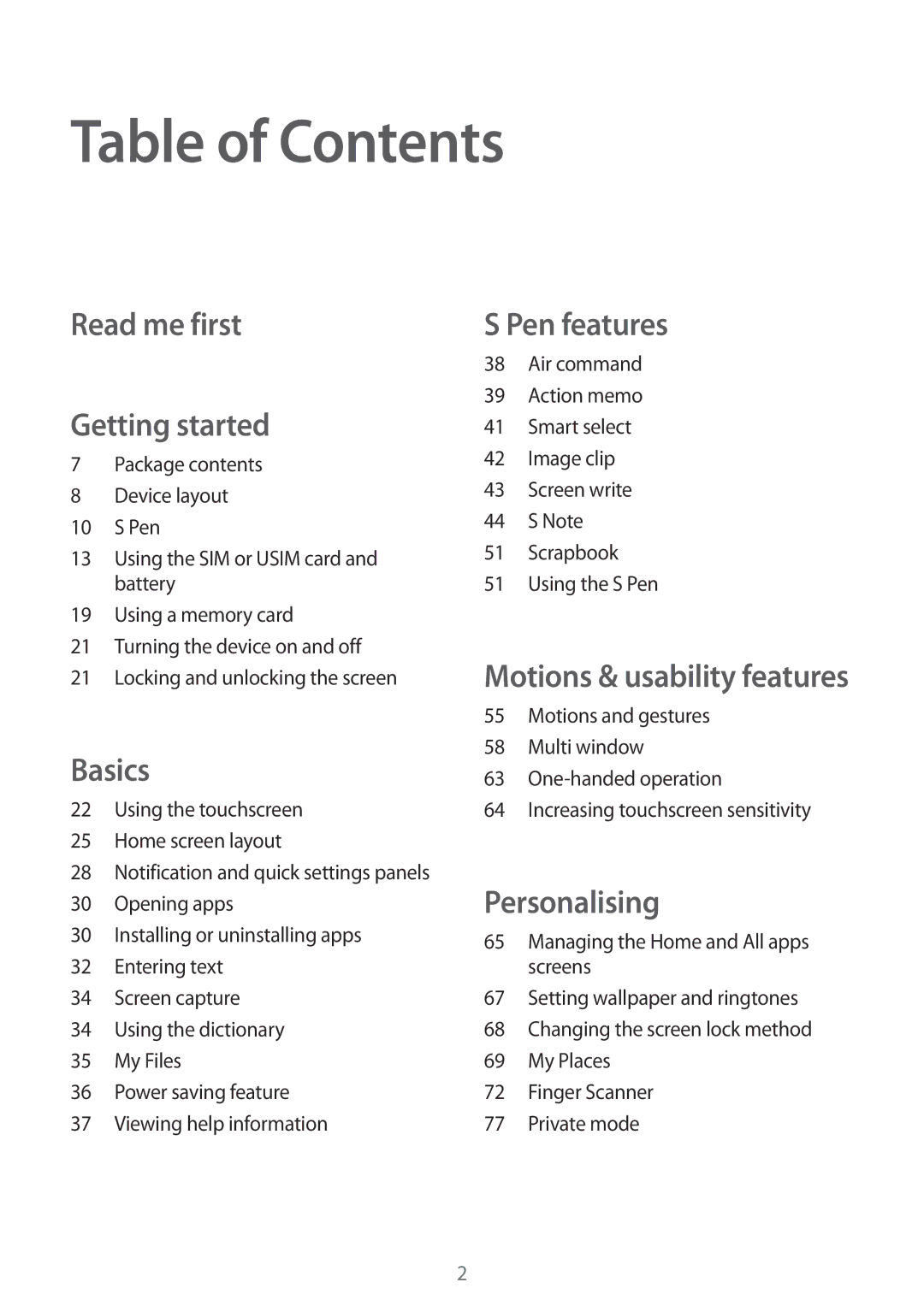 Samsung SM-N910CZWEXXV, SM-N910CZIEEGY, SM-N910CZDEXXV, SM-N910CZKEXXV, SM-N910CZIEXXV, SM-N910CZWESEE manual Table of Contents 