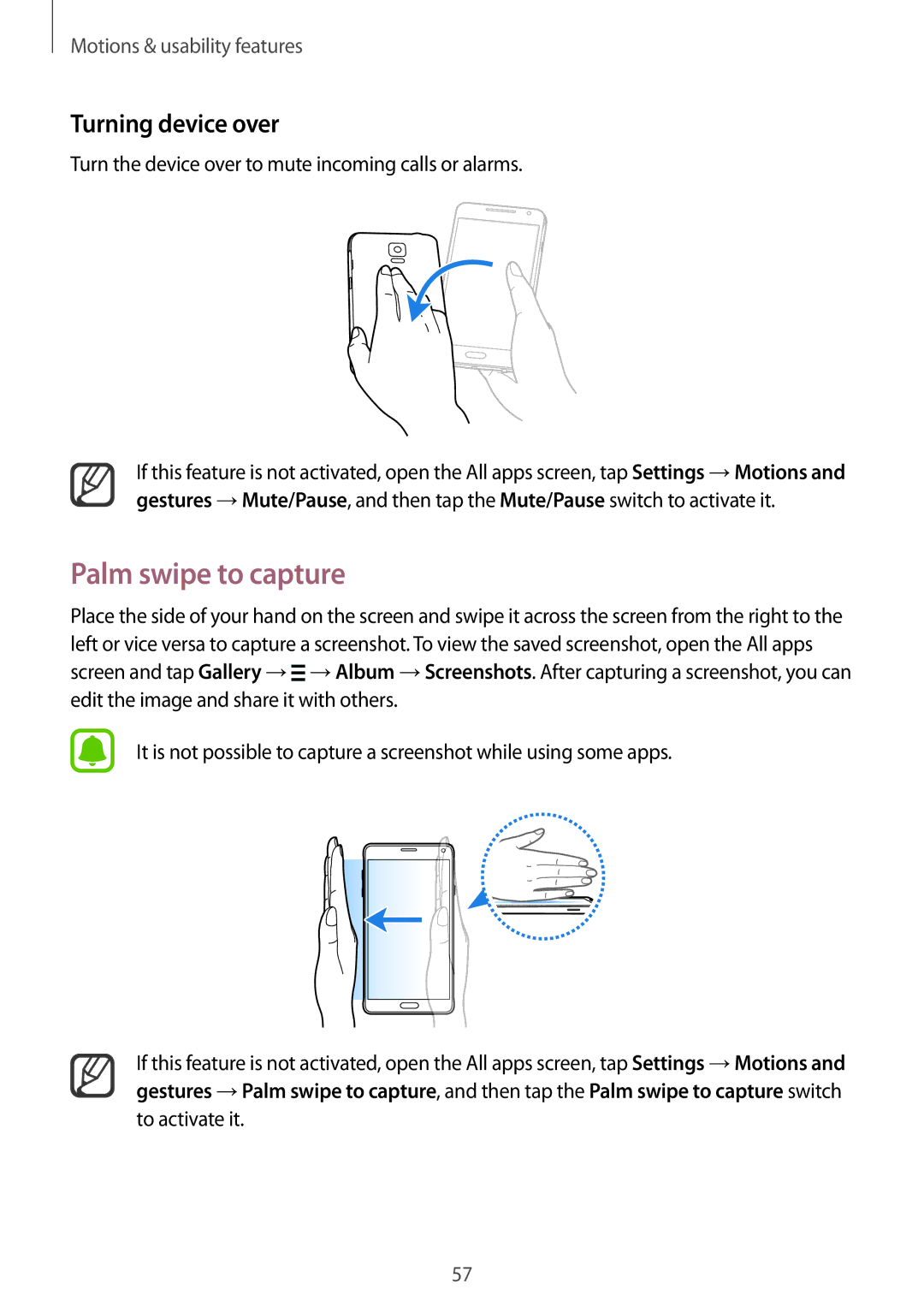 Samsung SM-N910CZDEILO Palm swipe to capture, Turning device over, Turn the device over to mute incoming calls or alarms 